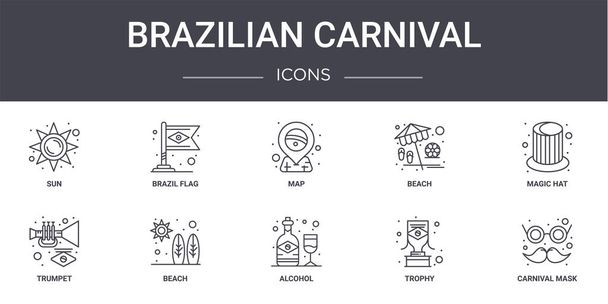 set di icone della linea del carnevale brasiliano. contiene icone utilizzabili per web, logo, ui / ux come bandiera brasiliana, spiaggia, tromba, alcool, trofeo, maschera di carnevale, cappello magico, mappa - Vettoriali, immagini