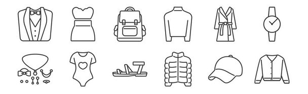 12 наборів лінійного одягу та значків одягу. тонкі контурні значки, такі як кардиган, куртка, піжама, халат, рюкзак, плаття без бретелей для Інтернету, мобільний
 - Вектор, зображення