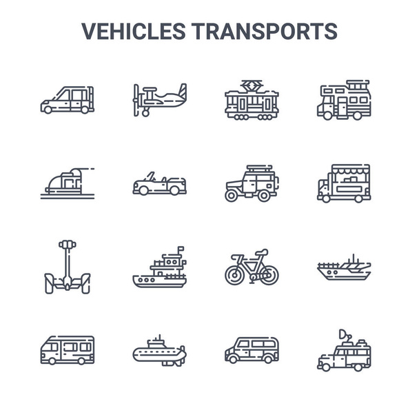 16台の車両がコンセプトベクトルラインのアイコンを輸送します。飛行機、地下鉄、食品トラック、自転車、潜水艦、車、車、キャンパーバンなどの64x64薄型ストロークアイコン - ベクター画像