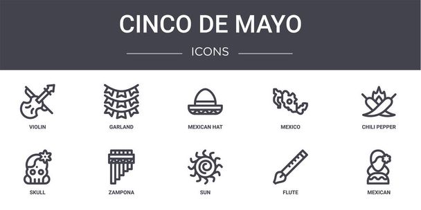 cinco de Mayoのコンセプトラインアイコンセット。ウェブ、ロゴ、ガーランド、メキシコ、頭蓋骨、太陽、フルート、メキシコ、チリペッパー、メキシコの帽子などのUI/uxに使用できるアイコンが含まれています - ベクター画像