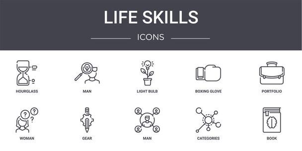 life skills concept line Icons gesetzt. enthält Symbole für Web, Logo, UI / UX wie Mann, Boxhandschuh, Frau, Mann, Kategorien, Buch, Portfolio, Glühbirne - Vektor, Bild