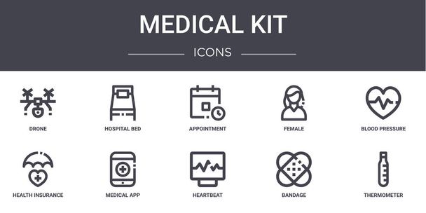 医療キットのコンセプトラインアイコンセット。ウェブ、ロゴ、病院のベッド、女性、健康保険、ハートビート、包帯、温度計、血圧、予約などのUI/uxに使用できるアイコンが含まれています - ベクター画像