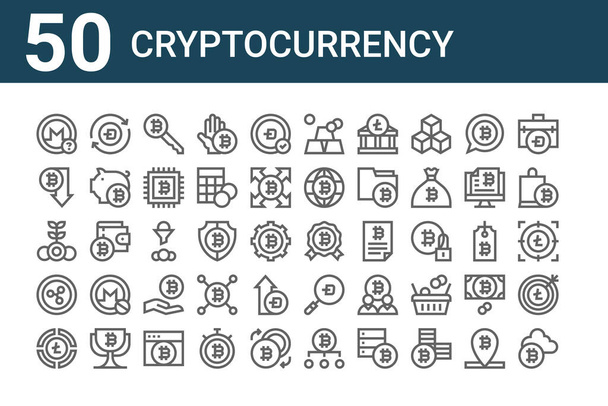 joukko 50 kryptovaluutta kuvakkeet. hahmotella ohut viiva kuvakkeet kuten kryptovaluutta, pie kaavio, Bitcoin, Bitcoin, viiva, palkita, harkot, Bitcoin, - Vektori, kuva
