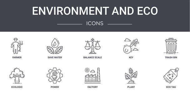 περιβάλλον και eco concept line icons set. περιέχει εικονίδια που μπορούν να χρησιμοποιηθούν για web, λογότυπο, ui / ux, όπως αποθήκευση νερού, κλειδί, ecologic, εργοστάσιο, φυτό, οικολογική ετικέτα, κάδο απορριμμάτων, ζυγαριά ισορροπίας - Διάνυσμα, εικόνα