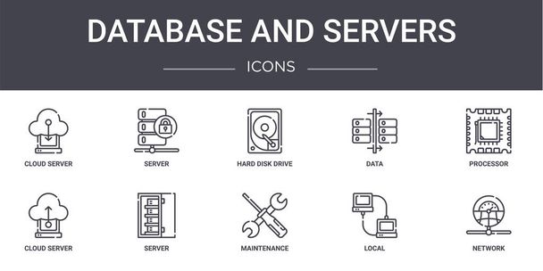adatbázis és szerverek koncepció vonal ikonok beállítva. tartalmaz ikonok használható web, logó, ui / ux, mint a szerver, adatok, felhő szerver, karbantartás, helyi, hálózat, processzor, merevlemez-meghajtó - Vektor, kép