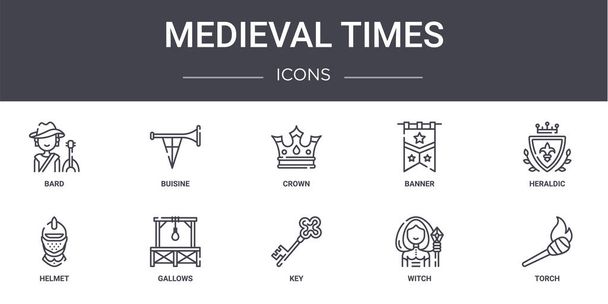 middeleeuwse tijden concept lijn pictogrammen ingesteld. bevat pictogrammen bruikbaar voor web, logo, ui / ux zoals buisine, banner, helm, sleutel, heks, fakkel, heraldische, kroon - Vector, afbeelding