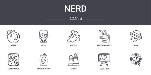 icônes de ligne de concept nerd ensemble. contient des icônes utilisables pour le web, logo, ui / ux tels que nerd, cartes à jouer, bande dessinée, échecs, équation,, ufo, puzzle - Vecteur, image