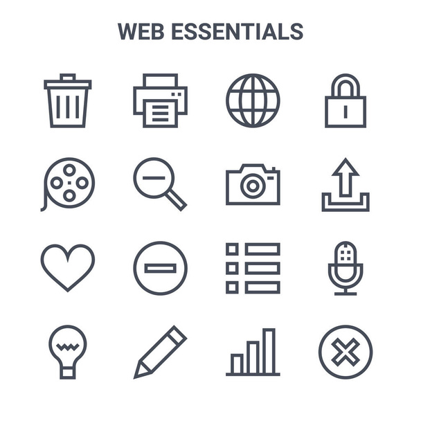 set di 16 icone della linea vettoriale del concetto di web essentials. 64x64 icone a colpo sottile come stampante, bobina di film, upload, menu, penna, annullare, grafico a barre, fotocamera, blocco - Vettoriali, immagini