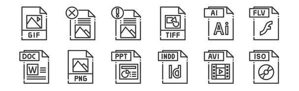12 zbiorów liniowych ikon typu pliku. cienki zarys ikony, takie jak iso plik, indd plik, png plik, ai dla sieci, mobilny - Wektor, obraz