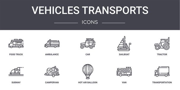 vozidla přepravuje koncept čáry ikony nastavit. obsahuje ikony použitelné pro web, logo, ui / ux, jako je ambulance, plachetnice, metro, horkovzdušný balón, van, doprava, traktor, auto - Vektor, obrázek