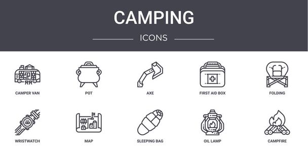 キャンプコンセプトラインのアイコンセット。ウェブ、ロゴ、鍋などのui/ux 、応急処置箱、腕時計、寝袋、オイルランプ、キャンプファイヤー、折りたたみ、斧などに使用できるアイコンが含まれています - ベクター画像