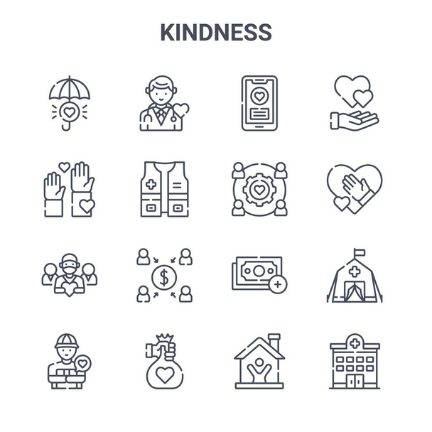 készlet 16 kedvesség koncepció vektor vonal ikonok. 64x64 vékony stroke ikonok, mint az orvos, önkéntes, adni, fizetés, adományozás, kórház, otthon, munka, szív - Vektor, kép