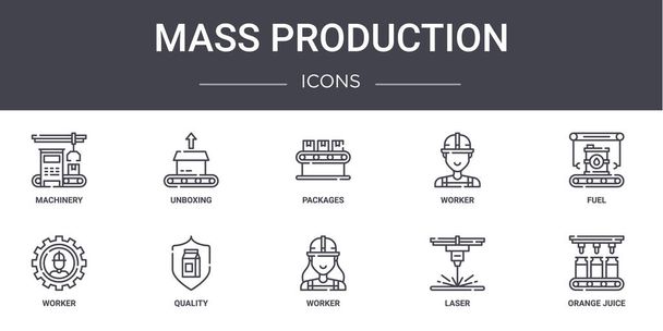 icônes de ligne de concept de production de masse ensemble. contient des icônes utilisables pour le web, logo, ui / ux tels que le déballage, travailleur, travailleur, travailleur, laser, jus d'orange, carburant, paquets - Vecteur, image