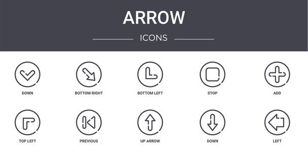 arrow concept line icons set. contains icons usable for web, logo, ui/ux such as bottom right, stop, top left, up arrow, down, left, add, bottom left - Vector, Image