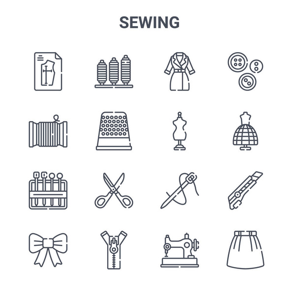 set of 16 sewing concept vector line icons. 64x64 thin stroke icons such as thread, thread, mannequin, needle, zipper, skirt, sewing machine, mannequin, buttons - Vector, Imagen