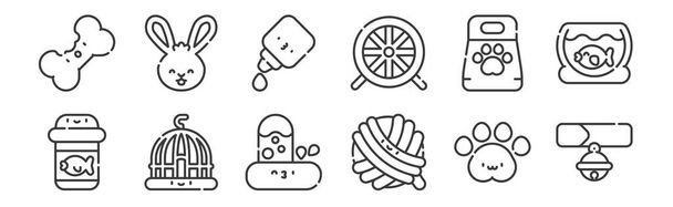 12 lineáris állat ikonok. vékony vázlat ikonok, mint a gallér, macska játék, ketrec, kisállat eledel, csepegtető, nyúl web, mobil - Vektor, kép