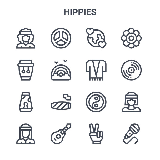 ensemble de 16 hippies concept vectoriel ligne icônes. 64x64 icônes fine course tels que la paix, conga, cd, ying yang, guitare, microphone, paix, poncho, fleur - Vecteur, image