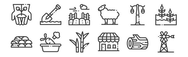 12 set of linear in the village icons. thin outline icons such as windmill, store, vegetables, street lamp, field, shovel for web, mobile - Vector, Image