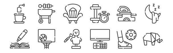 12 set di icone lineari del tempo libero. icone contorno sottile come elefante, guardare la tv, basket, vestiti, guardare, barbecue per il web, mobile - Vettoriali, immagini