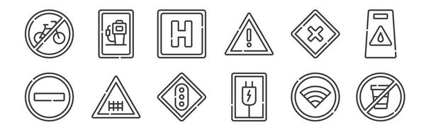 12 serie di segnali lineari e proibizioni icone. icone contorno sottile come non bere, spina, ferrovia, avviso, hotel, distributore di benzina per il web, mobile - Vettoriali, immagini