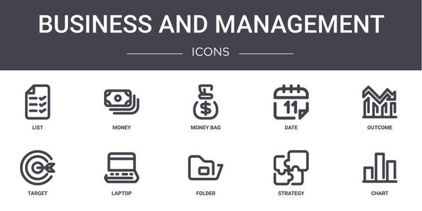 business e gestione concetto linea icone set. contiene icone utilizzabili per il web, logo, ui / ux come denaro, data, obiettivo, cartella, strategia, grafico, risultato, sacchetto di denaro - Vettoriali, immagini