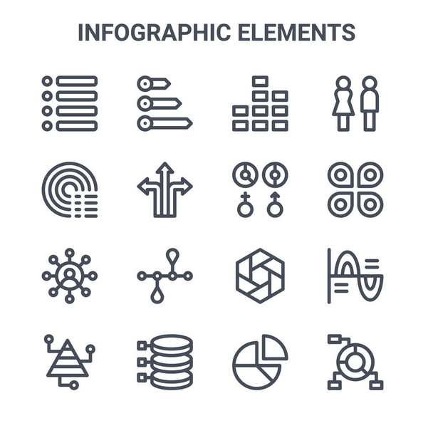 Satz von 16 Infografik-Elementen Konzept Vektorzeilensymbole. 64x64 Symbole für dünne Striche wie Pfeil, Sweep, Analytik, Hexagon, Graph, Graph, Tortendiagramm, Geschlecht, Mann - Vektor, Bild