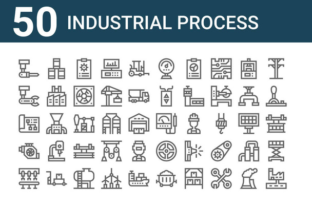 sada 50 ikon průmyslových procesů. obrys tenké čáry ikony, jako je odpadní voda, dopravník, motor, plán, průmyslový robot, barel oleje, voltmeter - Vektor, obrázek