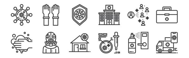12 set of linear virus icons. thin outline icons such as ambulance, petri dish, mask, coronavirus, virus, glove for web, mobile - Vector, Image
