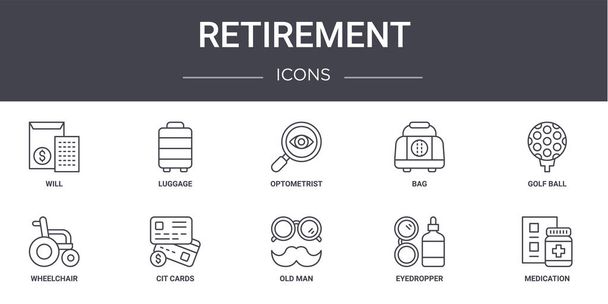 concepto de jubilación iconos de línea establecidos. contiene iconos utilizables para la web, logotipo, ui / ux, tales como equipaje, bolsa, silla de ruedas, anciano, cuentagotas, medicamentos, pelota de golf, optometrista
 - Vector, Imagen