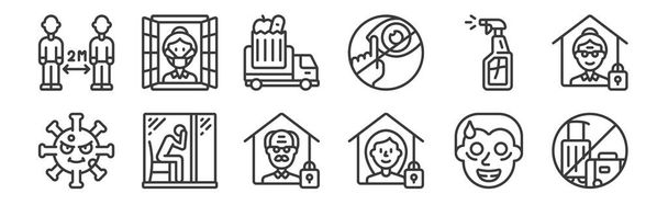 12 ensembles d'icônes d'auto-isolation linéaires. icônes de contour minces telles que pas de voyage, quarantaine, solitaire, désinfectant, camion d'épicerie, isolement pour le web, mobile - Vecteur, image