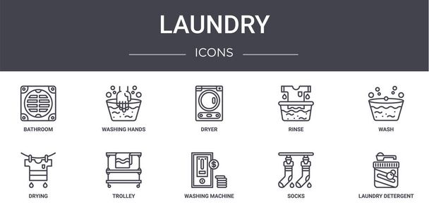zestaw ikon linii prania. zawiera ikony nadające się do wykorzystania w sieci, logo, ui / ux, takie jak mycie rąk, płukanie, suszenie, pralka, skarpetki, detergent do prania, pranie, suszarka - Wektor, obraz