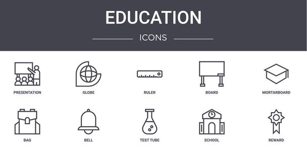 εκπαιδευτικό concept line icons set. περιέχει εικονίδια που μπορούν να χρησιμοποιηθούν για web, λογότυπο, ui / ux, όπως σφαίρα, πίνακας, τσάντα, δοκιμαστικό σωλήνα, σχολείο, ανταμοιβή, mortarboard, χάρακα - Διάνυσμα, εικόνα