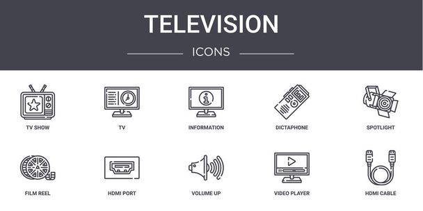 Televizyon konsepti simgeleri ayarlandı. Web, logo, ui / ux, TV, diktafon, film makarası, ses, video oynatıcı, hdmi kablo, spot ışığı, bilgi gibi simgeler içerir - Vektör, Görsel