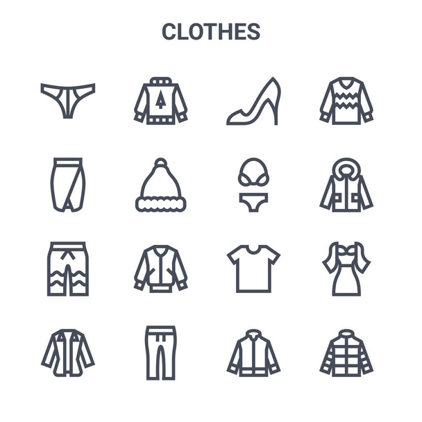 conjunto de 16 roupas conceito ícones de linha vetorial. 64x64 ícones de golpe fino, como suéter, saia, jaqueta, tshirt, calças, jaqueta, jaqueta, biquíni, suéter
 - Vetor, Imagem