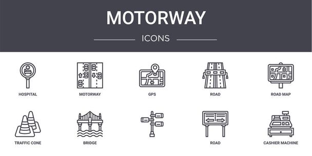 Autópálya koncepció ikonok beállítva. tartalmaz ikonok használható web, logó, ui / ux, mint az autópálya, közúti, közlekedési kúp,, közúti, pénztárgép, útiterv, GPS - Vektor, kép