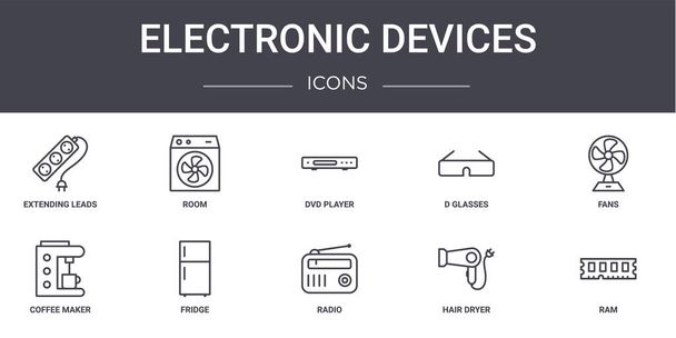 appareils électroniques concept ligne icônes ensemble. contient des icônes utilisables pour le web, logo, ui / ux tels que chambre, lunettes d, cafetière, radio, sèche-cheveux, bélier, ventilateurs, lecteur DVD - Vecteur, image