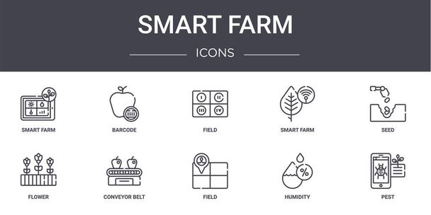 conjunto de ícones de linha conceito fazenda inteligente. contém ícones utilizáveis para web, logotipo, ui / ux, como código de barras, fazenda inteligente, flor, campo, umidade, praga, semente, campo
 - Vetor, Imagem