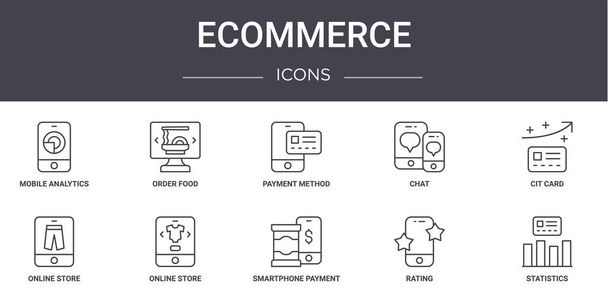 Zestaw ikon koncepcji e-commerce. zawiera ikony nadające się do wykorzystania w sieci, logo, ui / ux, takie jak zamówienie żywności, czat, sklep internetowy, płatność smartfona, ocena, statystyki, karta cit, sposób płatności - Wektor, obraz