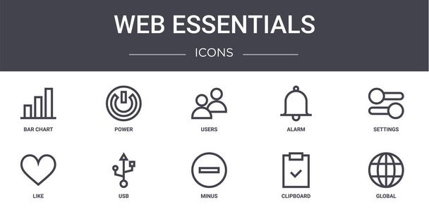 web essentials concept lijn pictogrammen ingesteld. bevat pictogrammen bruikbaar voor web, logo, ui / ux zoals macht, alarm, zoals, minus, klembord, globaal, instellingen, gebruikers - Vector, afbeelding