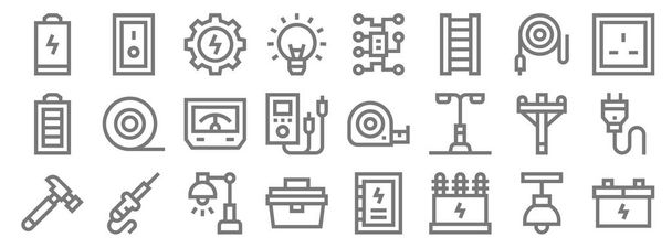 electrician tools and line icons. linear set. quality vector line set such as accumulator, transformer, toolbox, hammer, electric pole, voltmeter, power socket, electrical circuit, switch on - Vector, Image