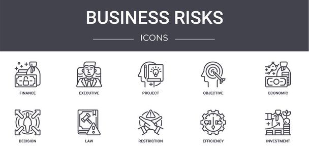 набір іконок концептуальних ліній бізнес-ризиків. містить піктограми, які можна використовувати для Інтернету, логотипу, Ui/ux, такі як виконавча, мета, рішення, обмеження, ефективність, інвестиції, економічний, проект
 - Вектор, зображення