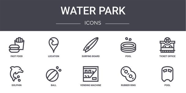 set de iconos de línea de concepto de parque acuático. contiene iconos utilizables para la web, logotipo, ui / ux como la ubicación, piscina, delfines, máquina expendedora, anillo de goma, piscina, taquilla, tabla de surf
 - Vector, imagen