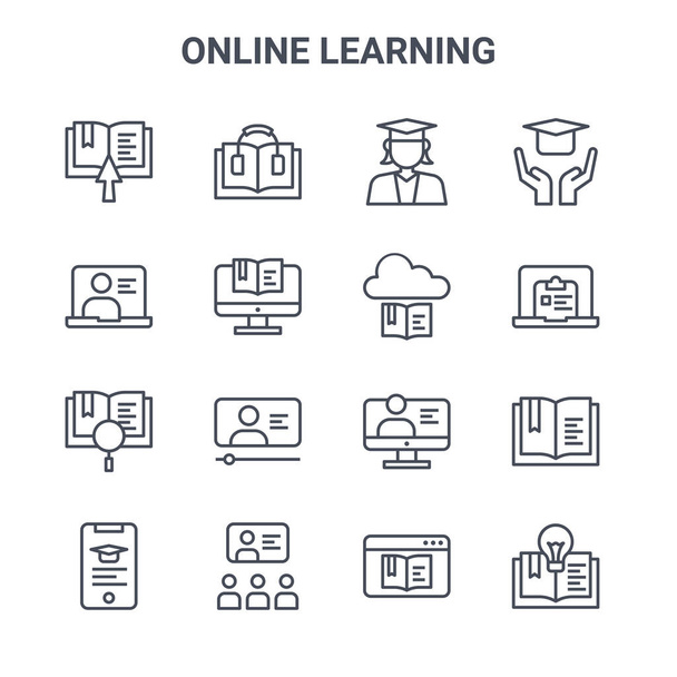 sada 16 online učení koncepce vektorové čáry ikony. 64x64 ikony tenkého zdvihu, jako je audio kniha, online učení, report, online učení, výuka, kreativní, digitální kniha, cloudová knihovna, - Vektor, obrázek