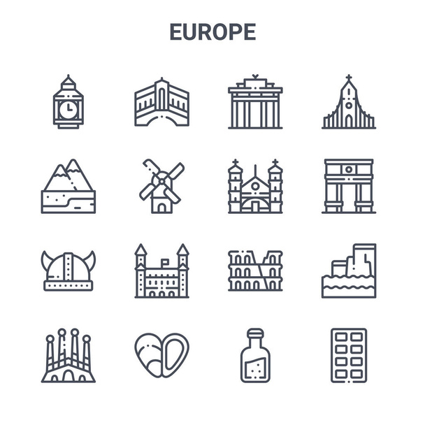 zestaw 16 europejskich ikon wektorowych linii koncepcyjnych. 64x64 cienkie ikony suwowe, takie jak most Rialto, Alpy, łuk Triumfalny, Koloseum, małże, czekolada, orujo, kościół, kościół - Wektor, obraz