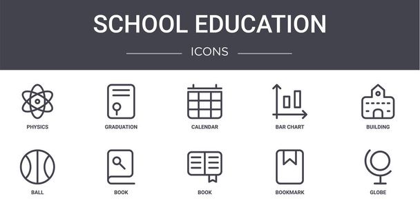 学校教育の概念線のアイコンが設定されました。卒業、棒グラフ、ボール、本、ブックマーク、地球、建物、カレンダーなどのウェブ、ロゴ、 UI/uxに使用できるアイコンが含まれています - ベクター画像