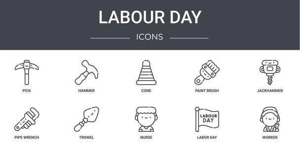 dia de trabalho conjunto de ícones de linha conceito. contém ícones utilizáveis para web, logotipo, ui / ux, como martelo, pincel, chave de tubo, enfermeira, dia de trabalho, trabalhador, martelo pneumático, cone
 - Vetor, Imagem