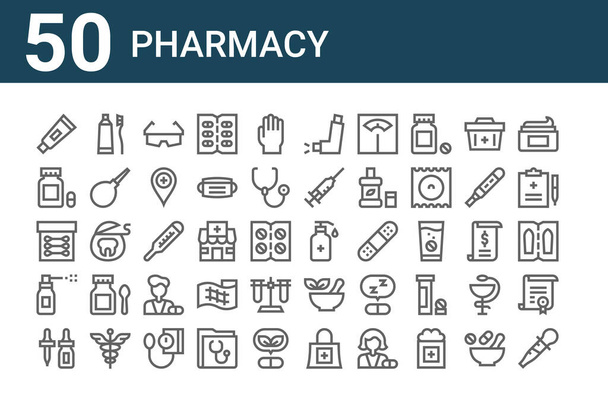 set of 50 pharmacy icons. outline thin line icons such as pipette, ear dropper, spray, cotton buds, capsules, toothpaste, hand sanitizer - Vector, Image