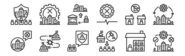 conjunto de 12 ícones de contorno fino, como cidade, força, guerra, quarentena, prisão, desligamento para web, móvel
 - Vetor, Imagem