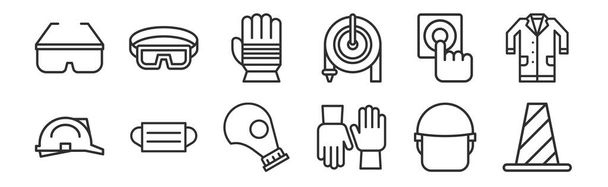 conjunto de 12 ícones de contorno fino, como cone, luvas, máscara médica, botão de fogo, luva, óculos de segurança para web, móvel
 - Vetor, Imagem