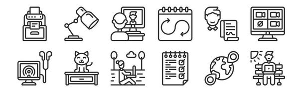 set of 12 thin outline icons such as work place, to do list, cat, contractor, video conference, lamp desk for web, mobile - Vector, Image